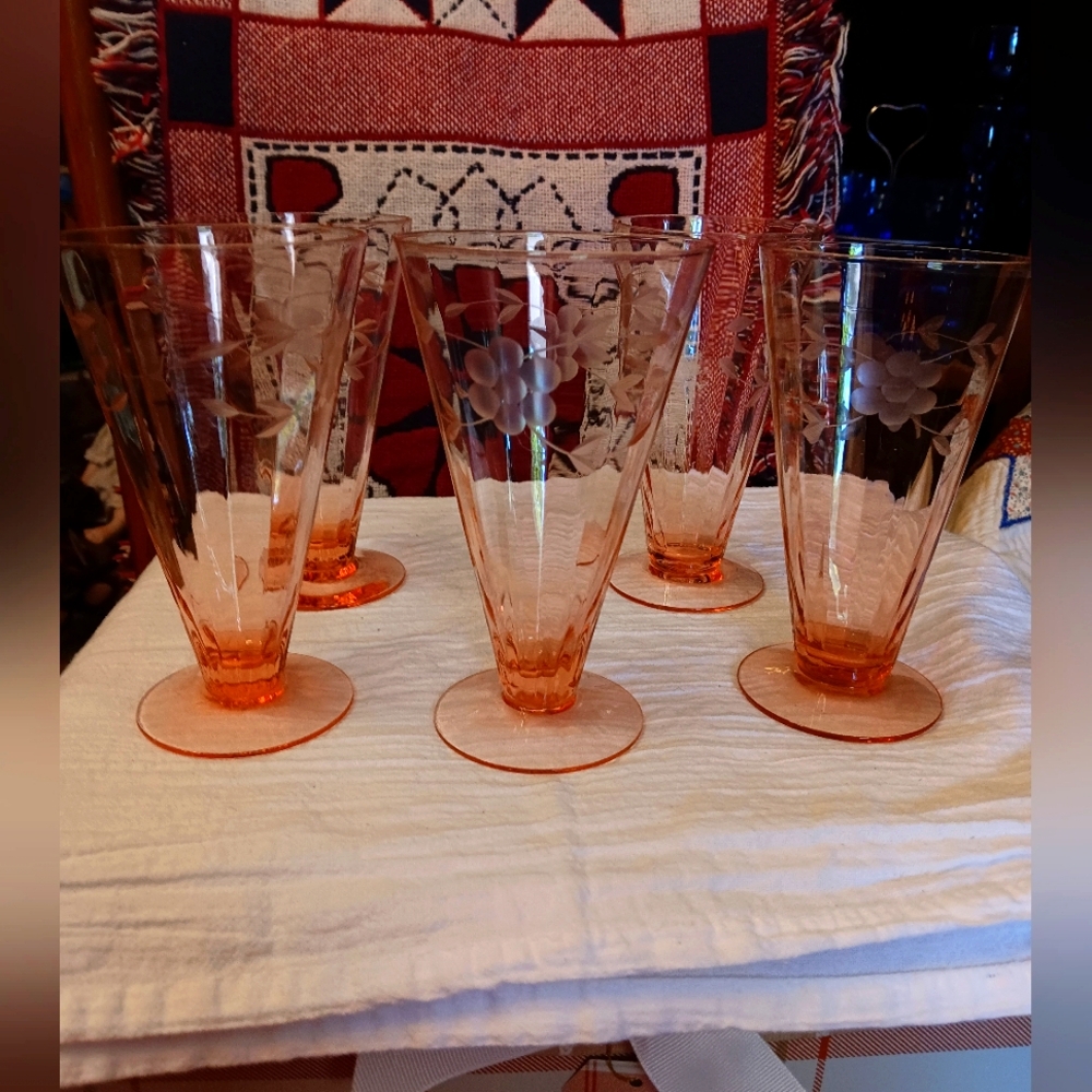 (5) VINTAGE PINK GLASS FOOTED TUMBLERS